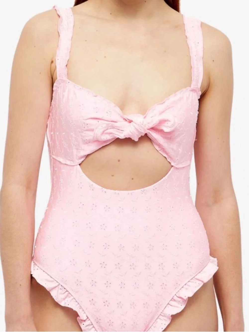 Frankies Bikinis Pink Eyelet One-Piece Swimsuit with Front Knot